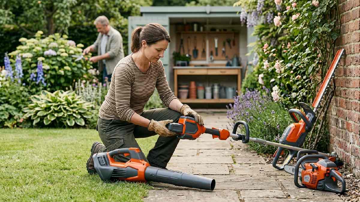 Cordless garden tools sharing one battery system.
