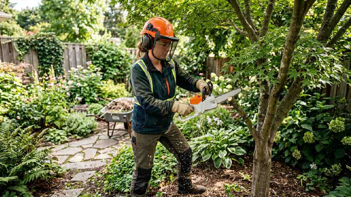 Cordless chainsaw pruning tree