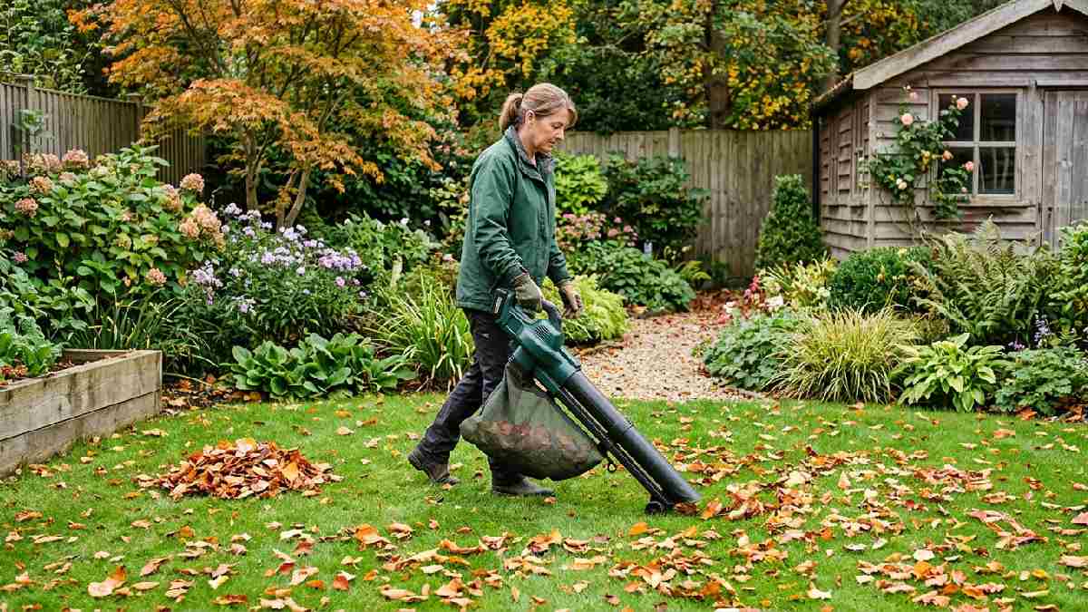 Garden vacuum collecting leaves