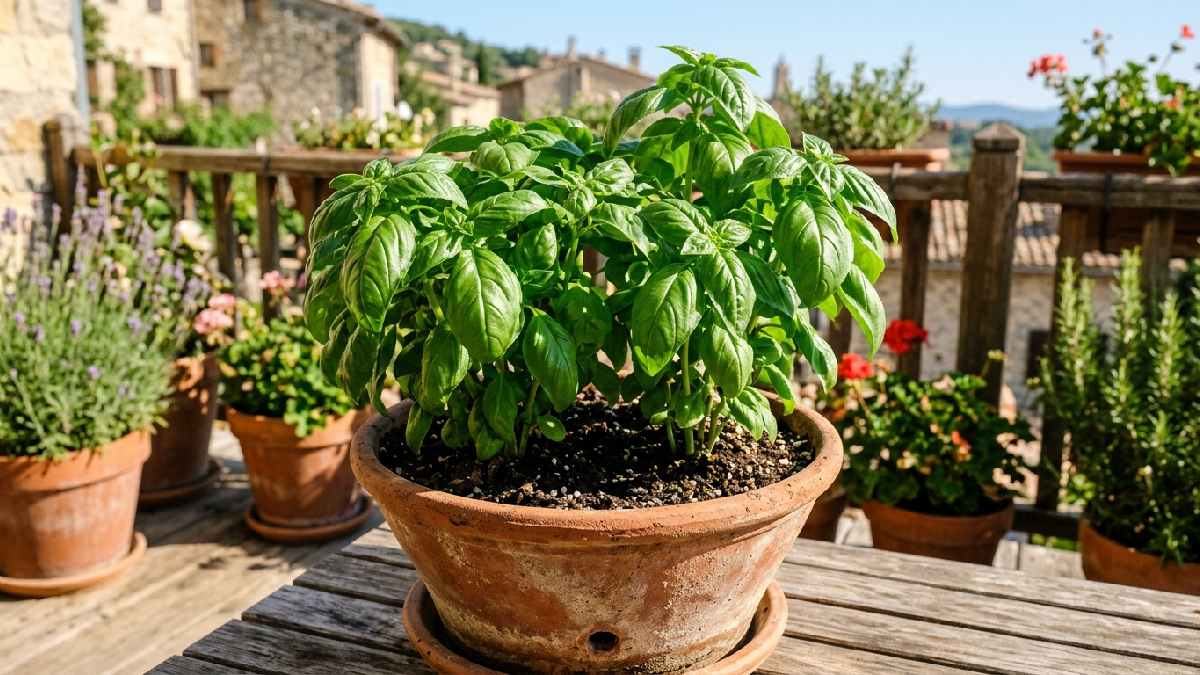 Basil plant growing in container