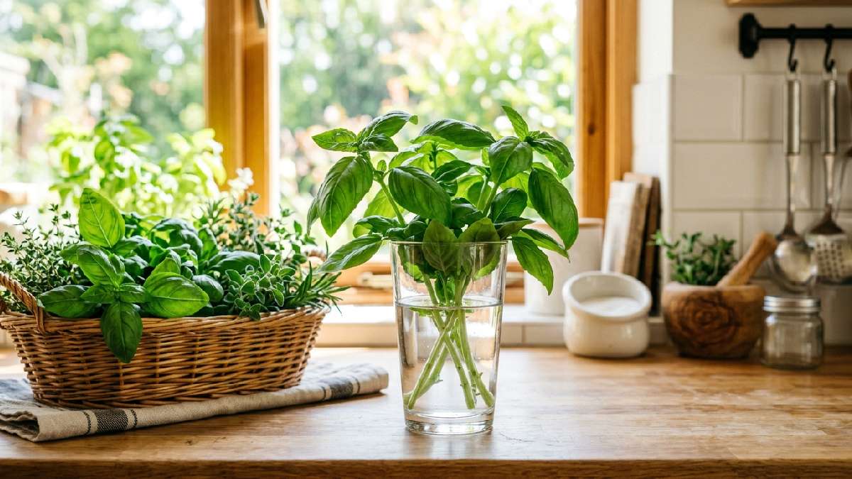 Freshly harvested basil stems in water