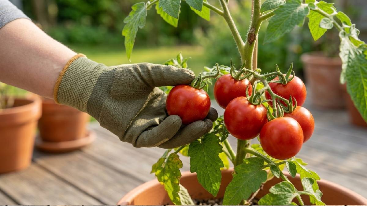 Harvesting tomatoes from pots