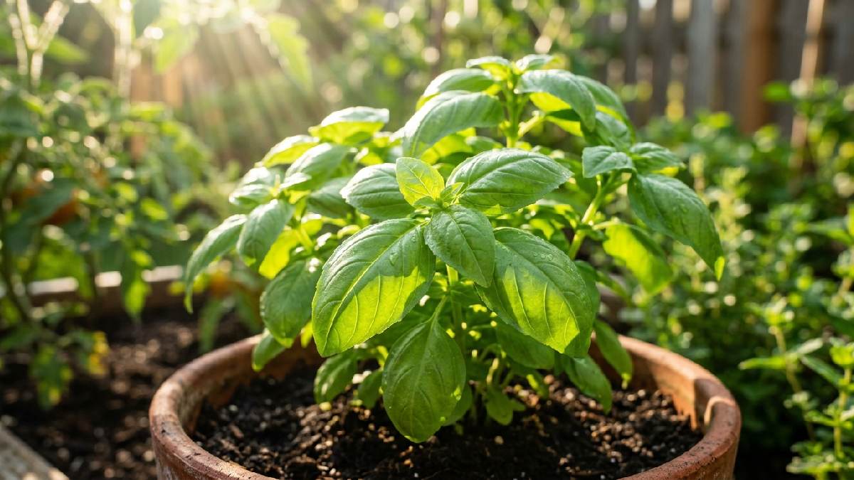 Basil plant receiving sunlight
