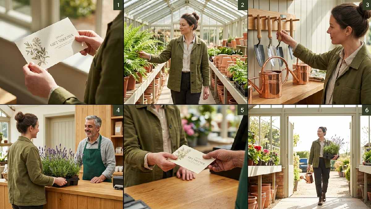 Gardener using a gift voucher at a garden centre