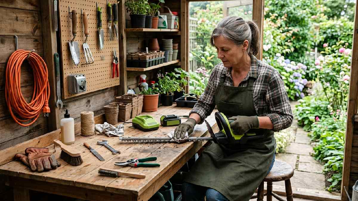 Gardener maintaining and cleaning gardening power tools