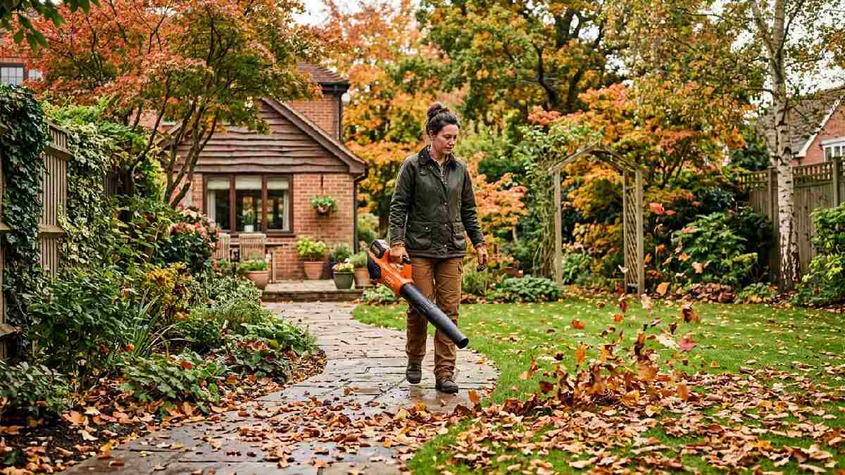 Cordless leaf blower clearing leaves