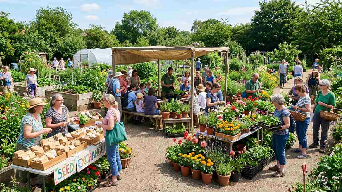 Local gardening event with community gardeners, plants, seeds, and gardening workshops.
