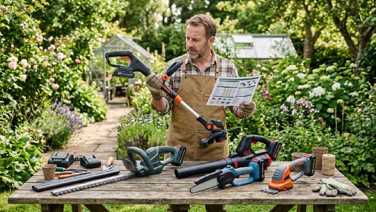 Gardener comparing power tools before buying