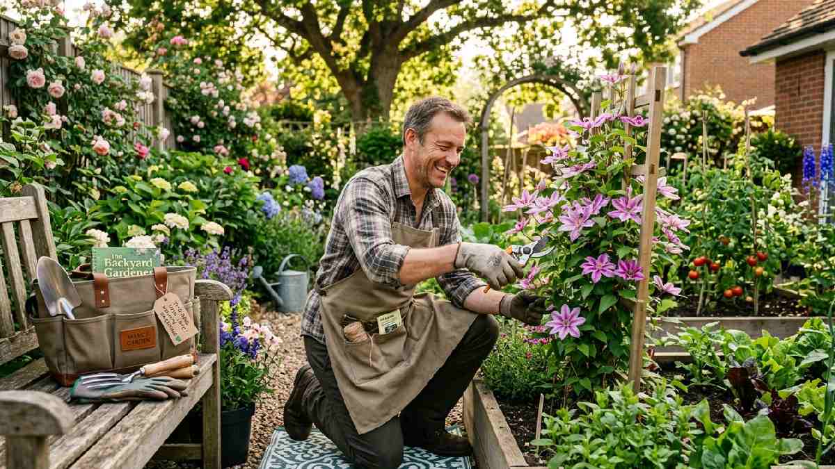 Dad using a gardening gift in his garden