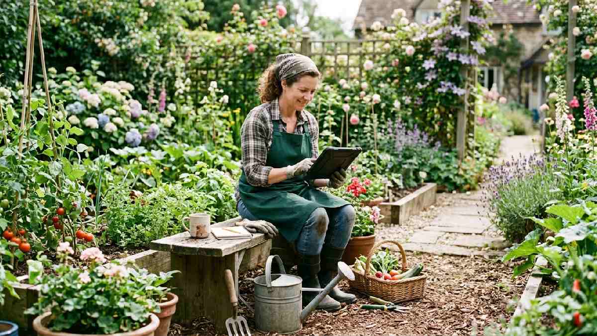Gardener connecting with an online gardening group from home.