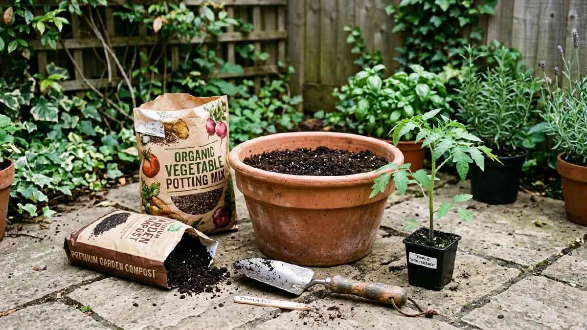 Pot and soil for tomatoes