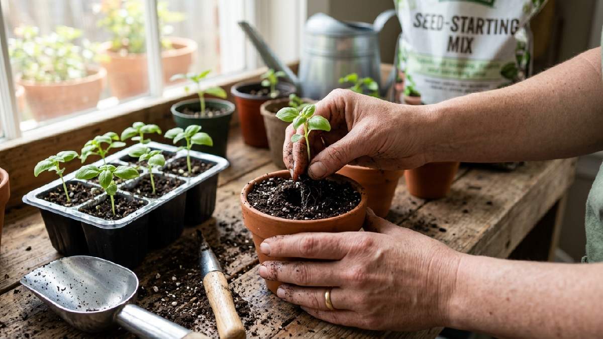 Planting basil seedlings in pots