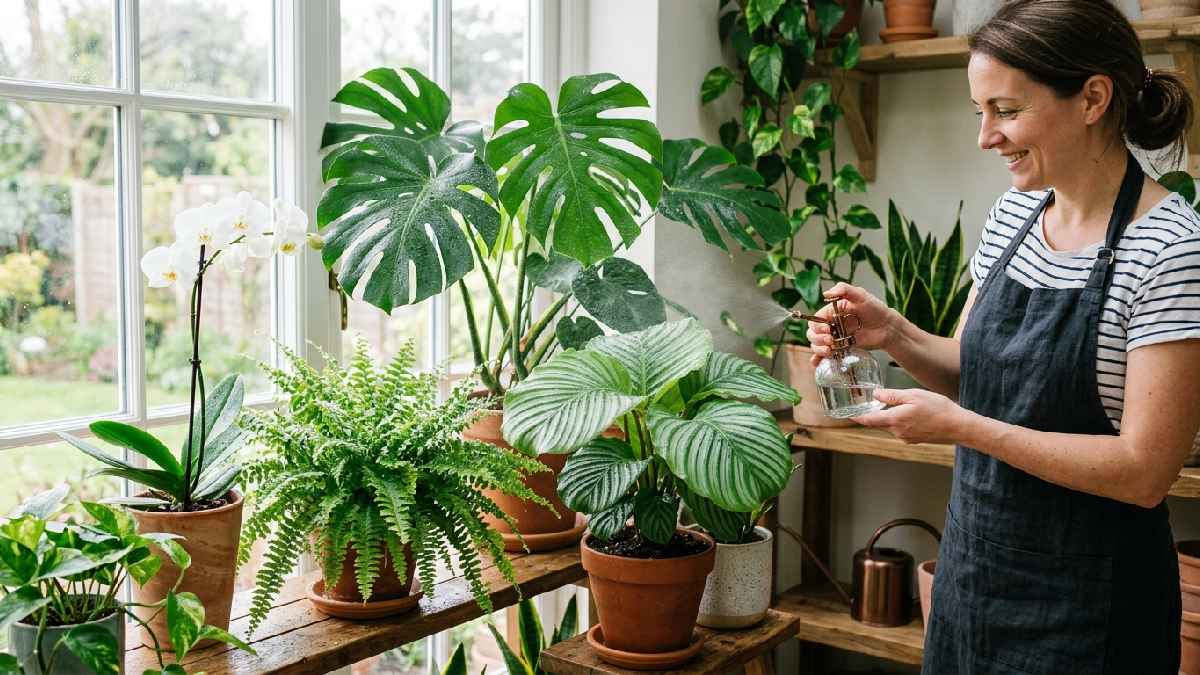 Misting tropical plants for humidity
