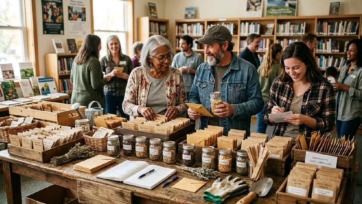 Gardeners sharing seeds at a seed library