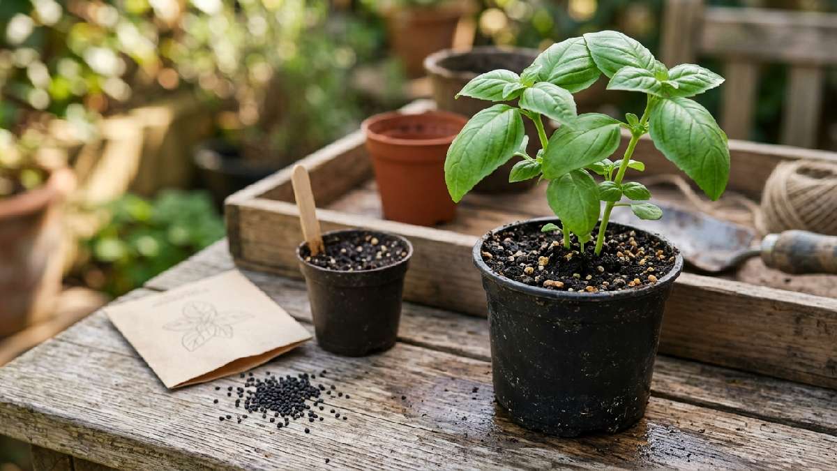 Basil seeds and starter plant