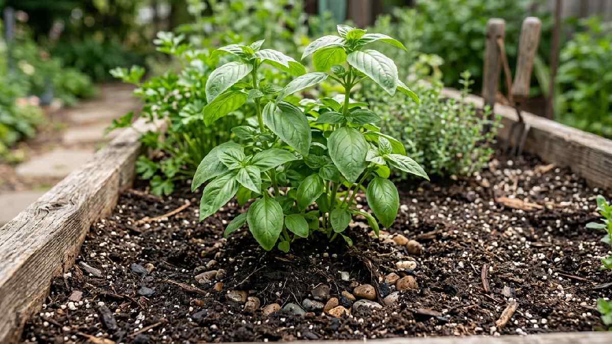Basil growing in well-draining soil