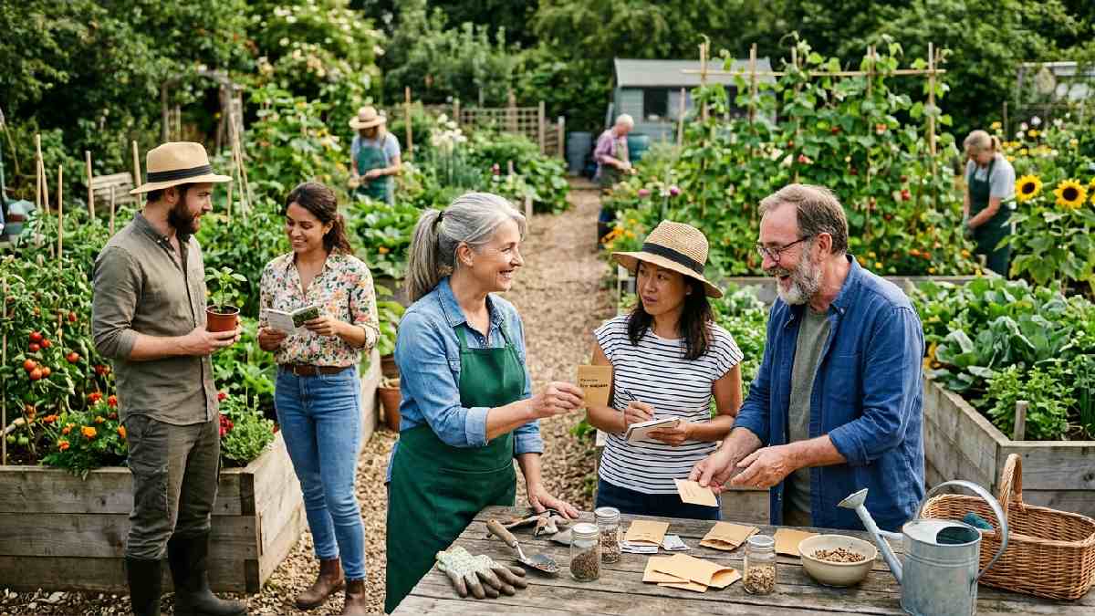 Gardeners sharing tips, seeds, and advice in a community group.