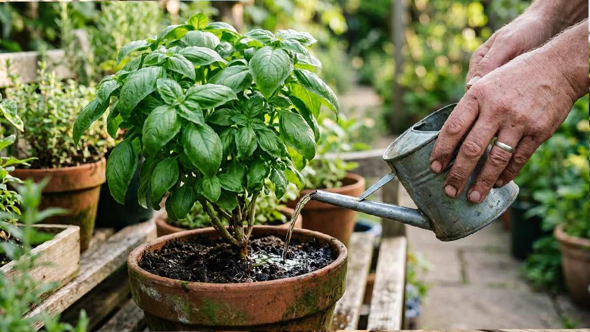 Watering basil at soil level