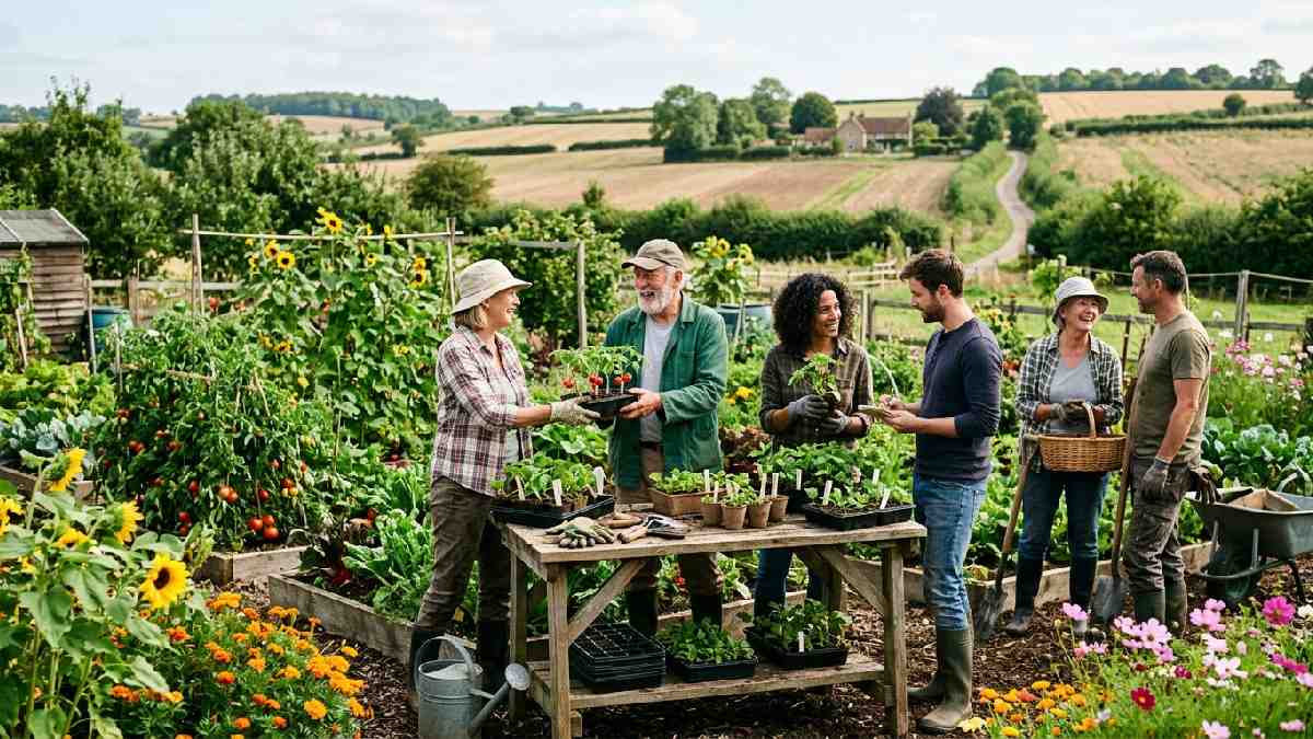 Rural gardeners sharing plants and advice