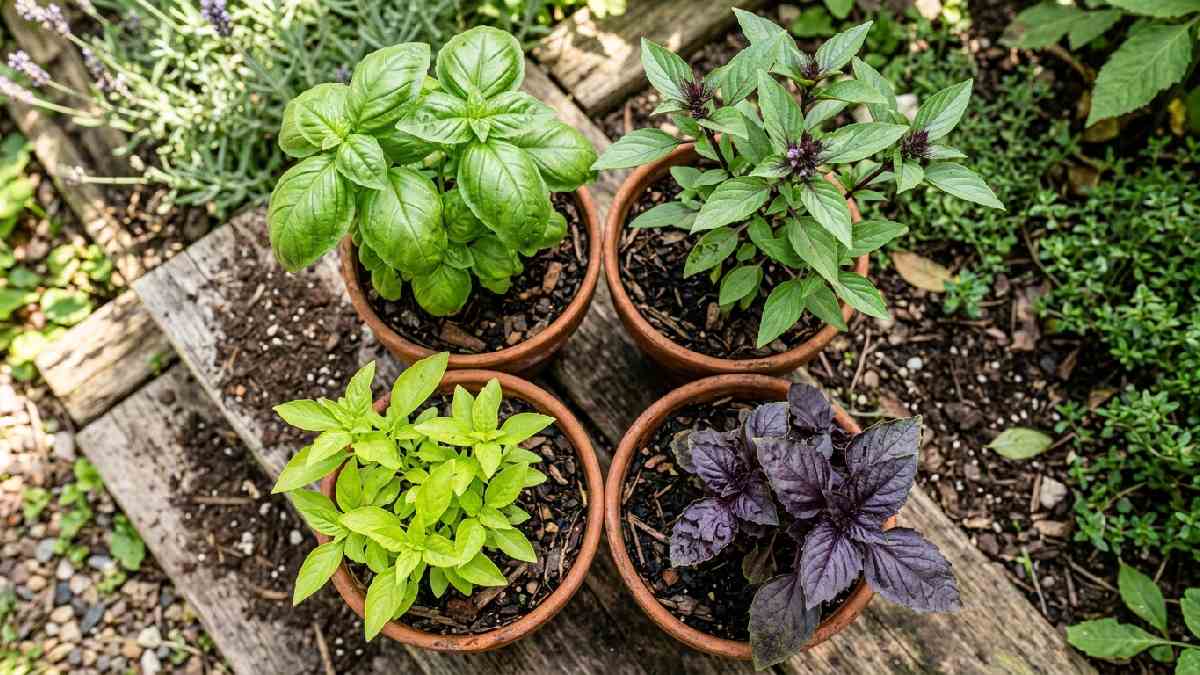 Different basil varieties in pots
