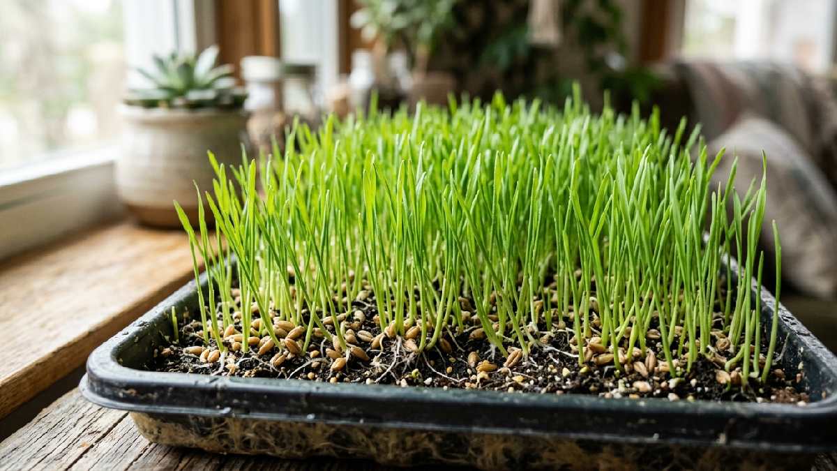 Alt: Young wheatgrass microgreens growing in a tray