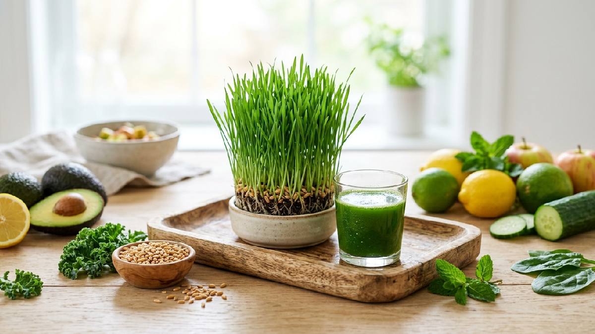 Fresh wheatgrass microgreens and juice