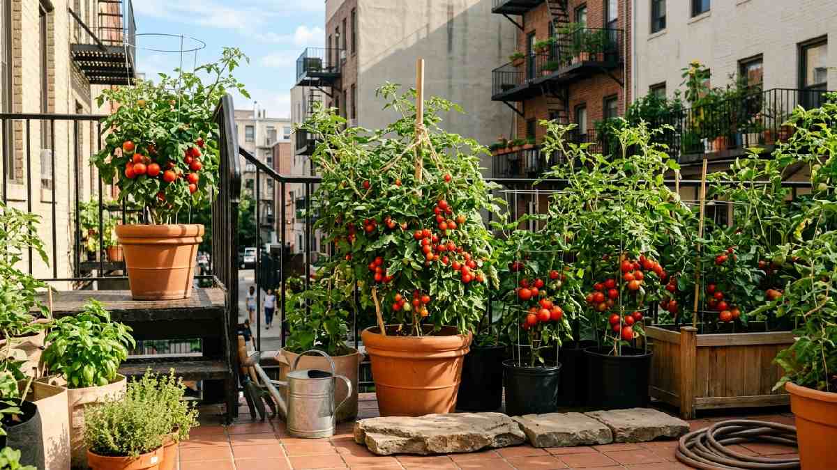 Tomatoes growing in containers