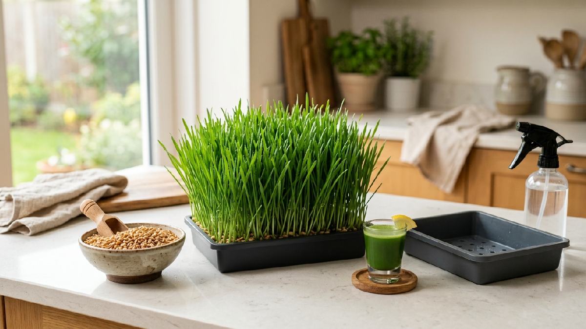 Fresh wheatgrass microgreens and juice at home
