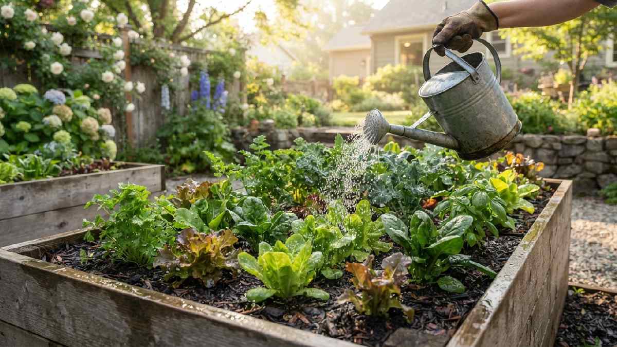 Watering vegetables in a raised garden bed