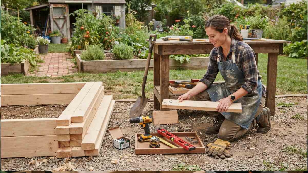 Tools and materials gathered for a raised garden bed project