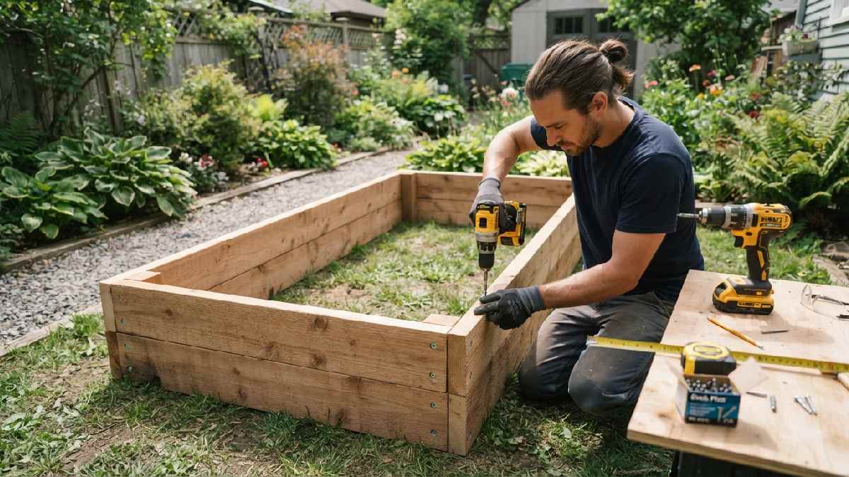 Assembling the wooden frame of a raised garden bed