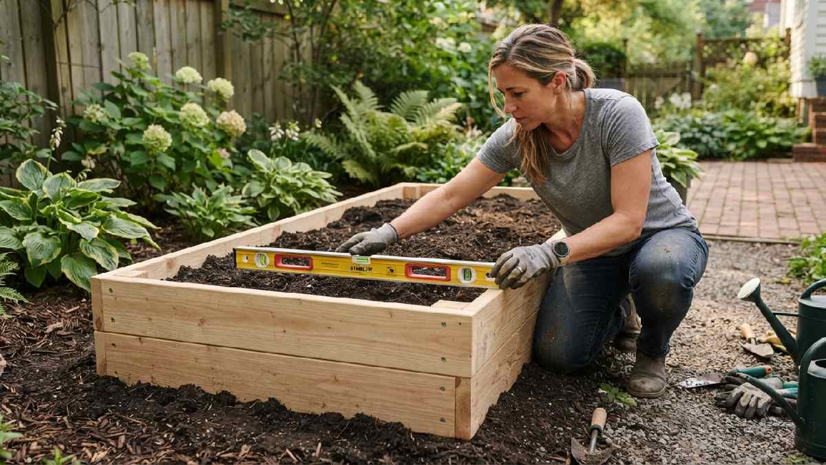 Checking the level of a raised garden bed frame
