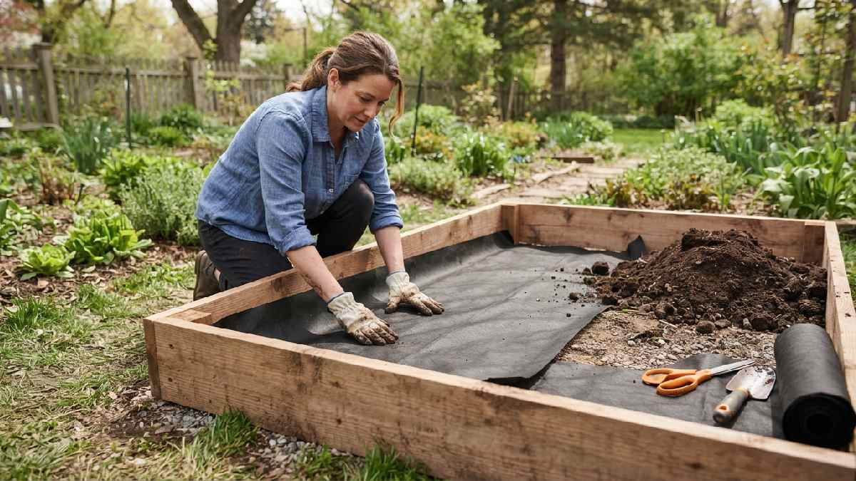 Lining the bottom of a raised garden bed with landscape fabric