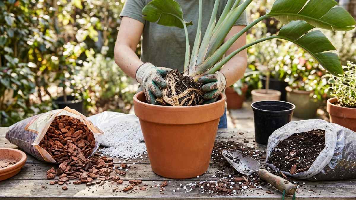 Repotting bird of paradise plant in fresh soil