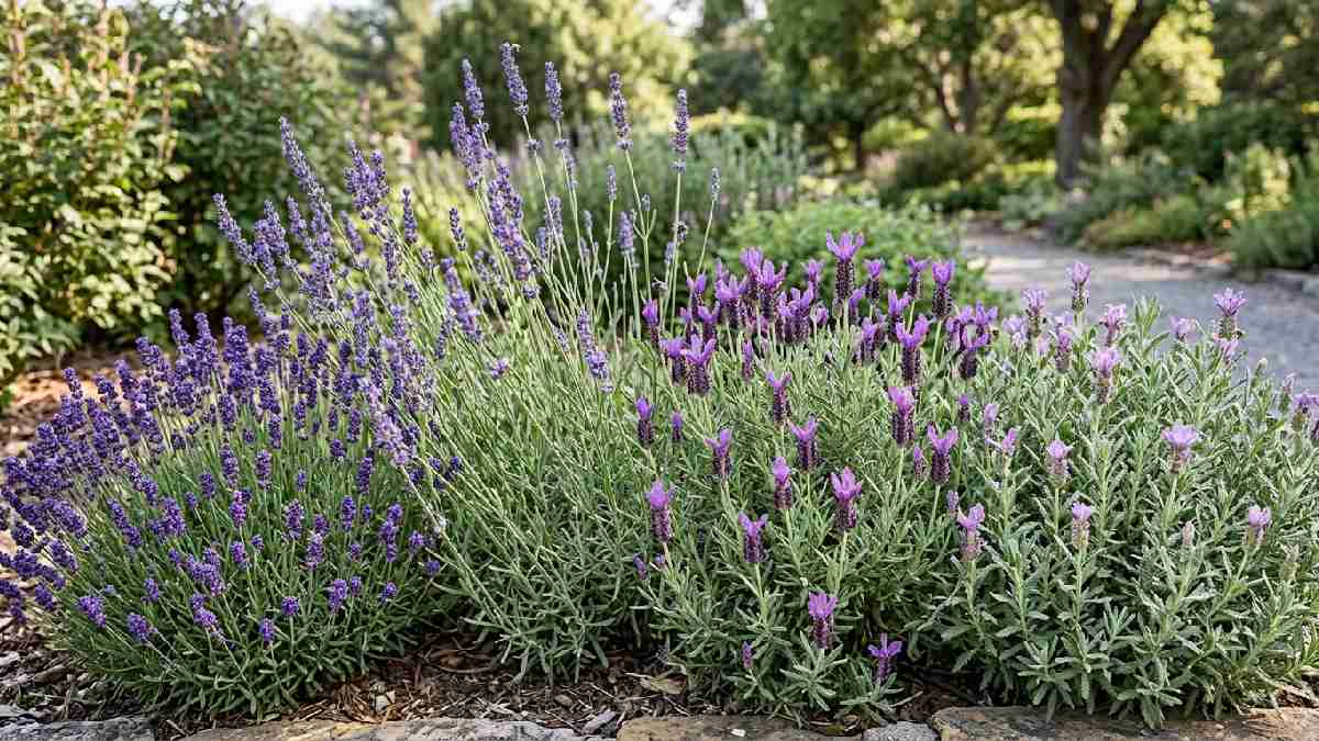Different lavender varieties in a garden