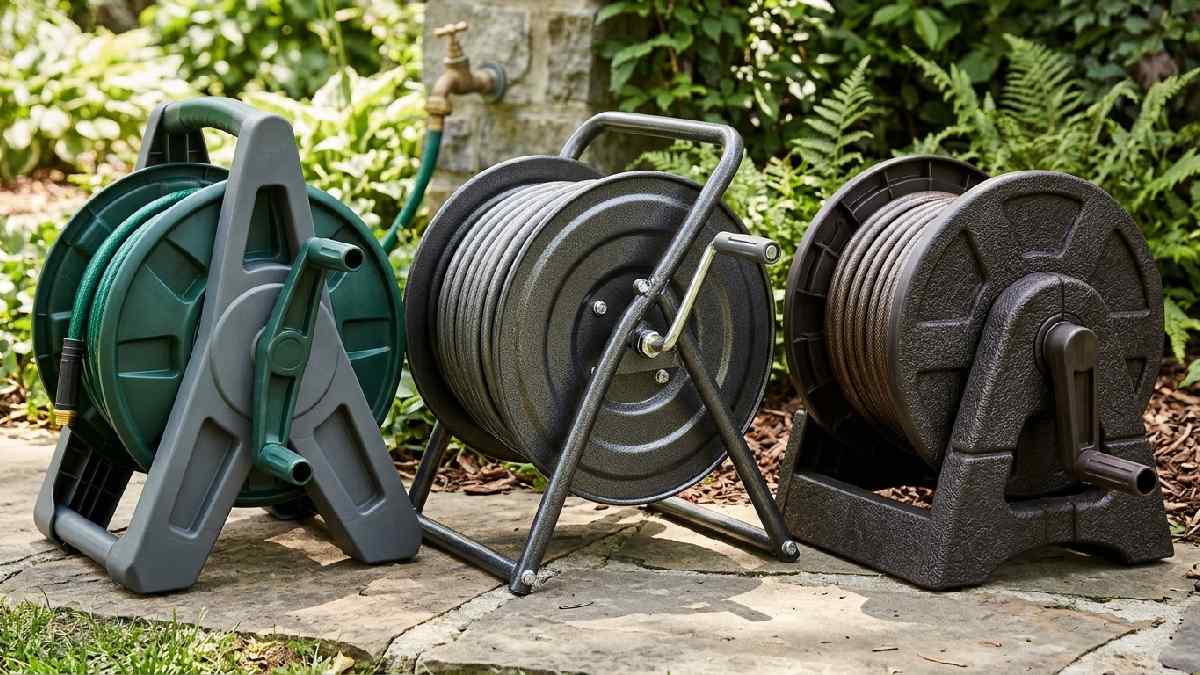 Plastic metal and resin garden hose reels