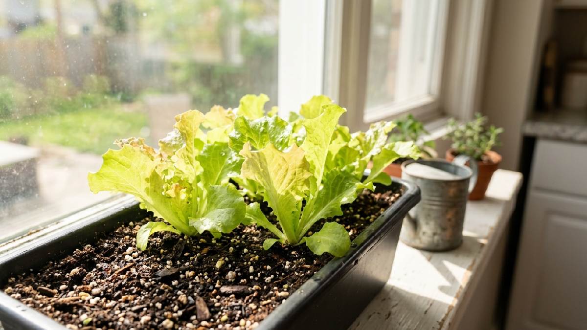 Lettuce growing indoors on a windowsill