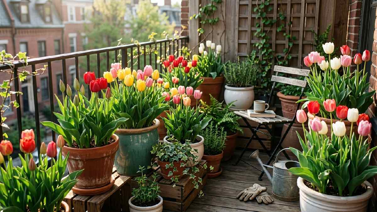 Tulips growing in garden containers