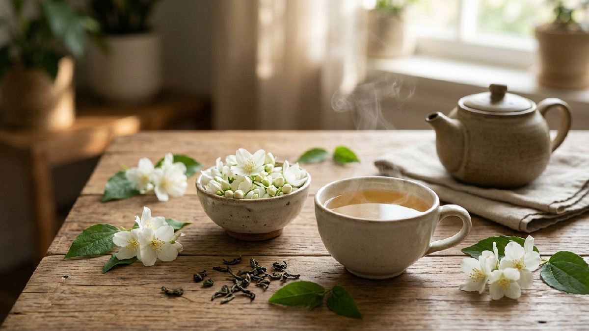 Jasmine flowers and a cup of jasmine tea