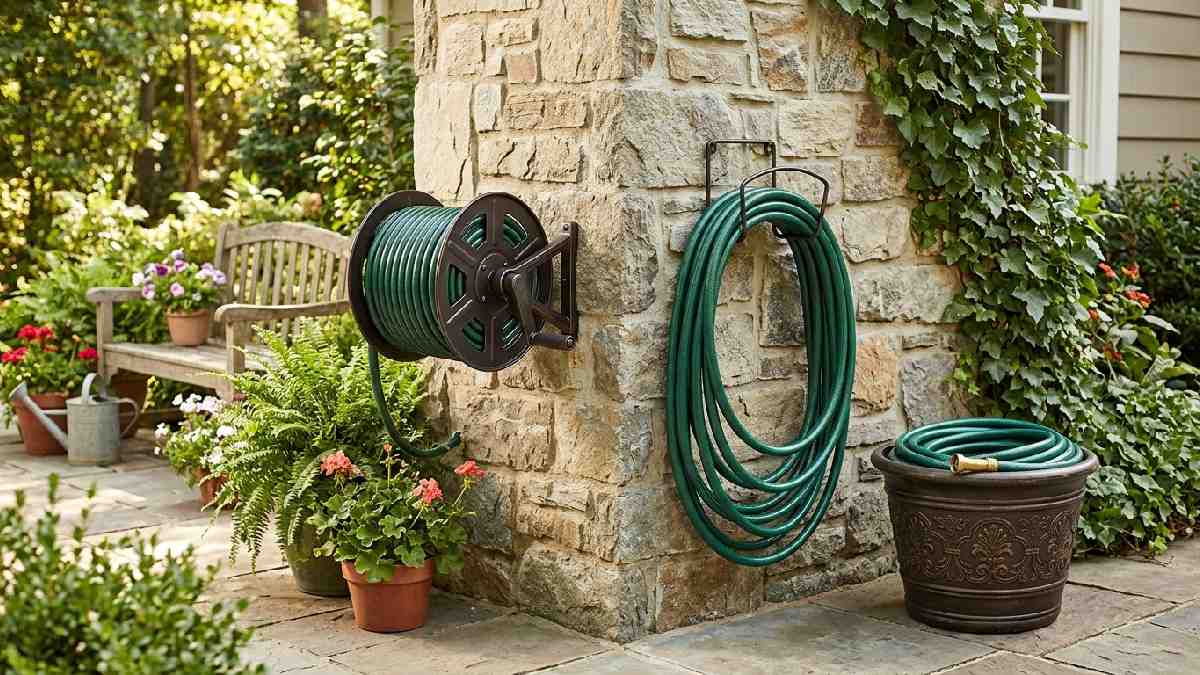 Garden hose reel hose hanger and hose pot