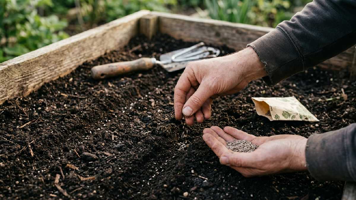 Sowing lettuce seeds in prepared soil