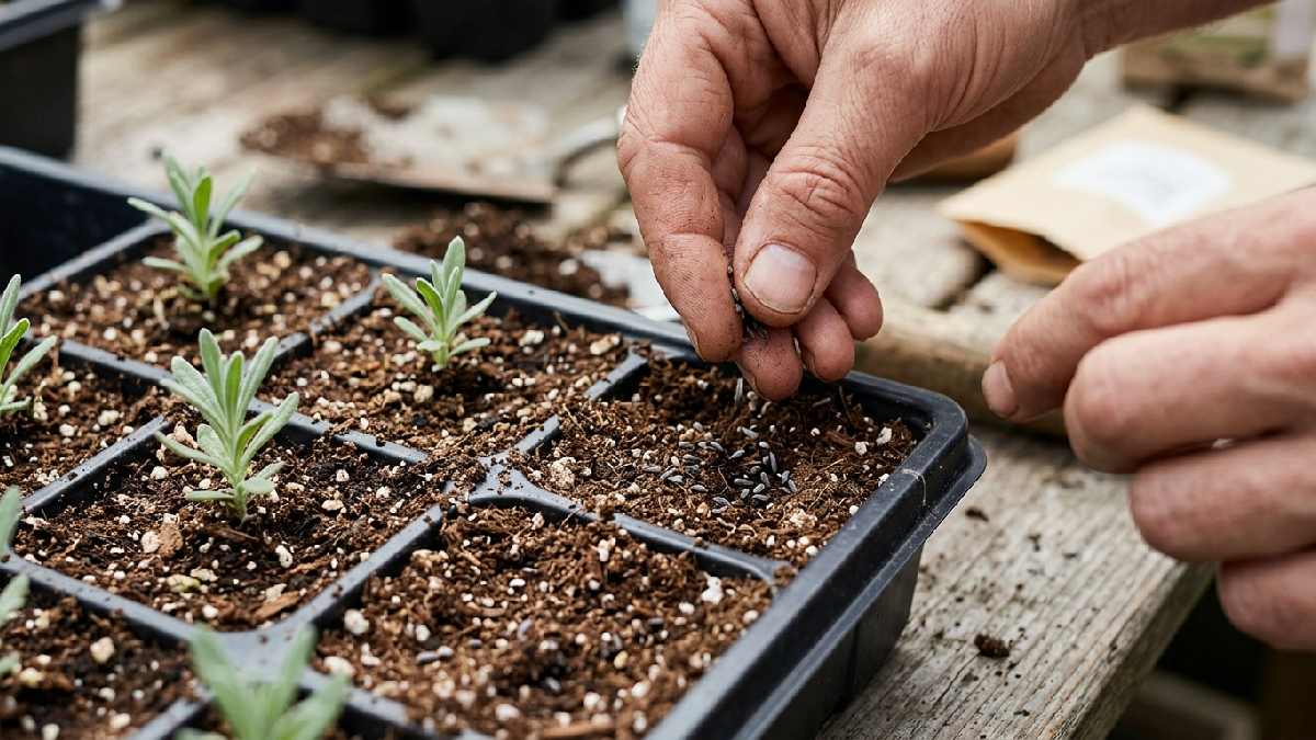 Planting lavender seeds in a seed tray