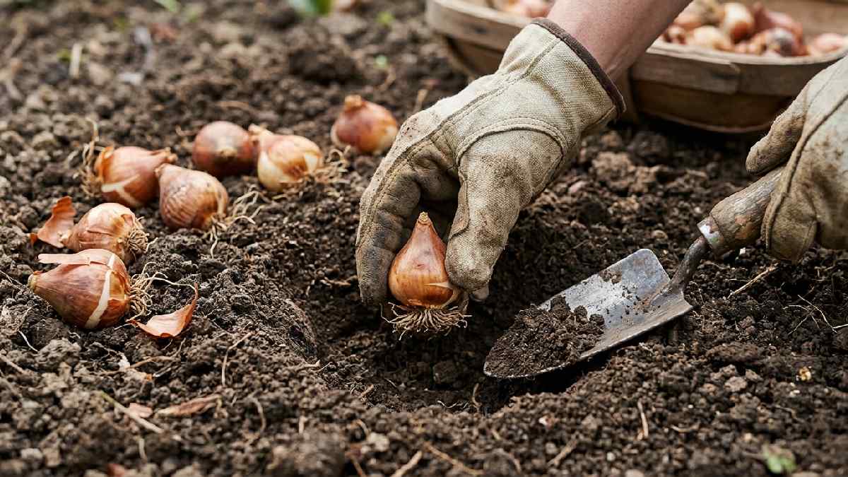 Planting tulip bulbs in soil