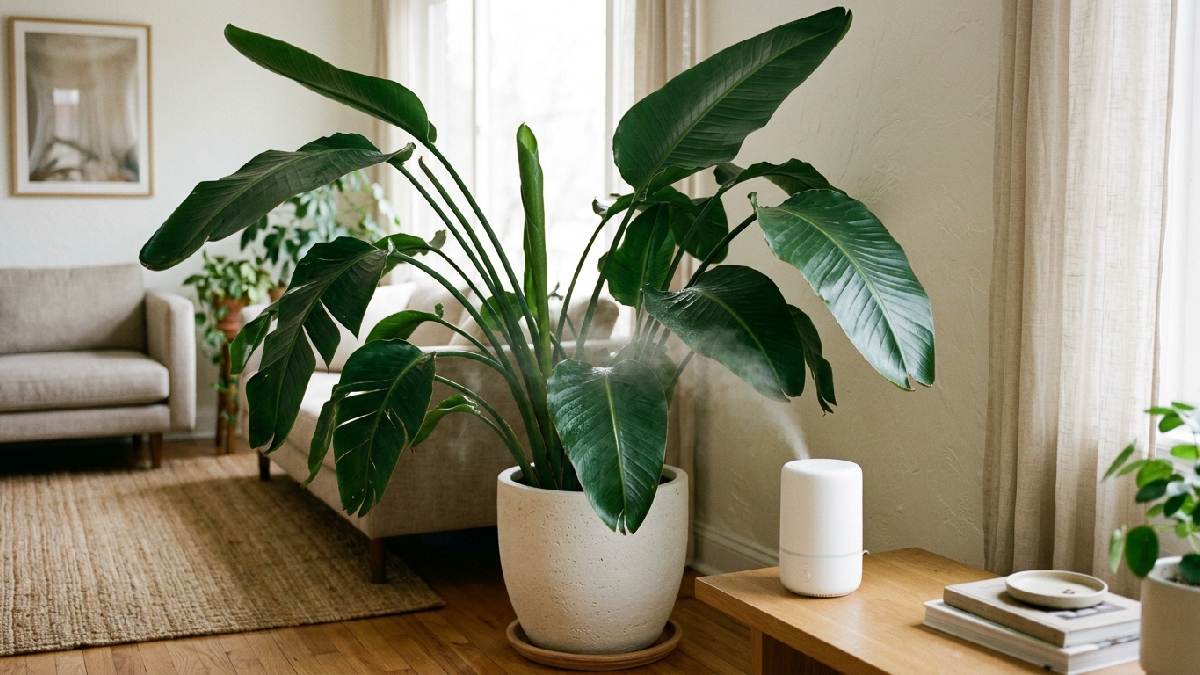 Bird of paradise plant with humidifier