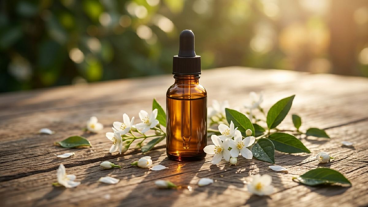 Jasmine flowers with essential oil bottle