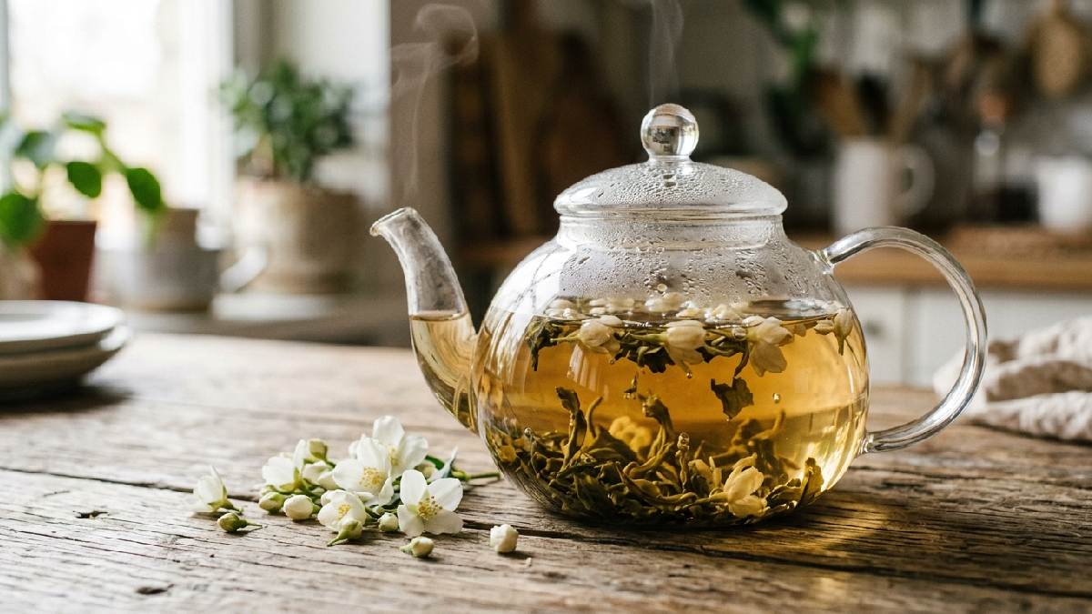 Jasmine tea being brewed with flowers