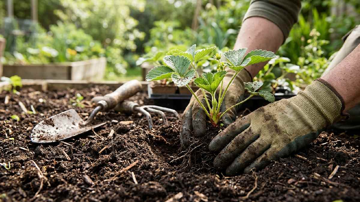 Planting strawberry plants in prepared soil