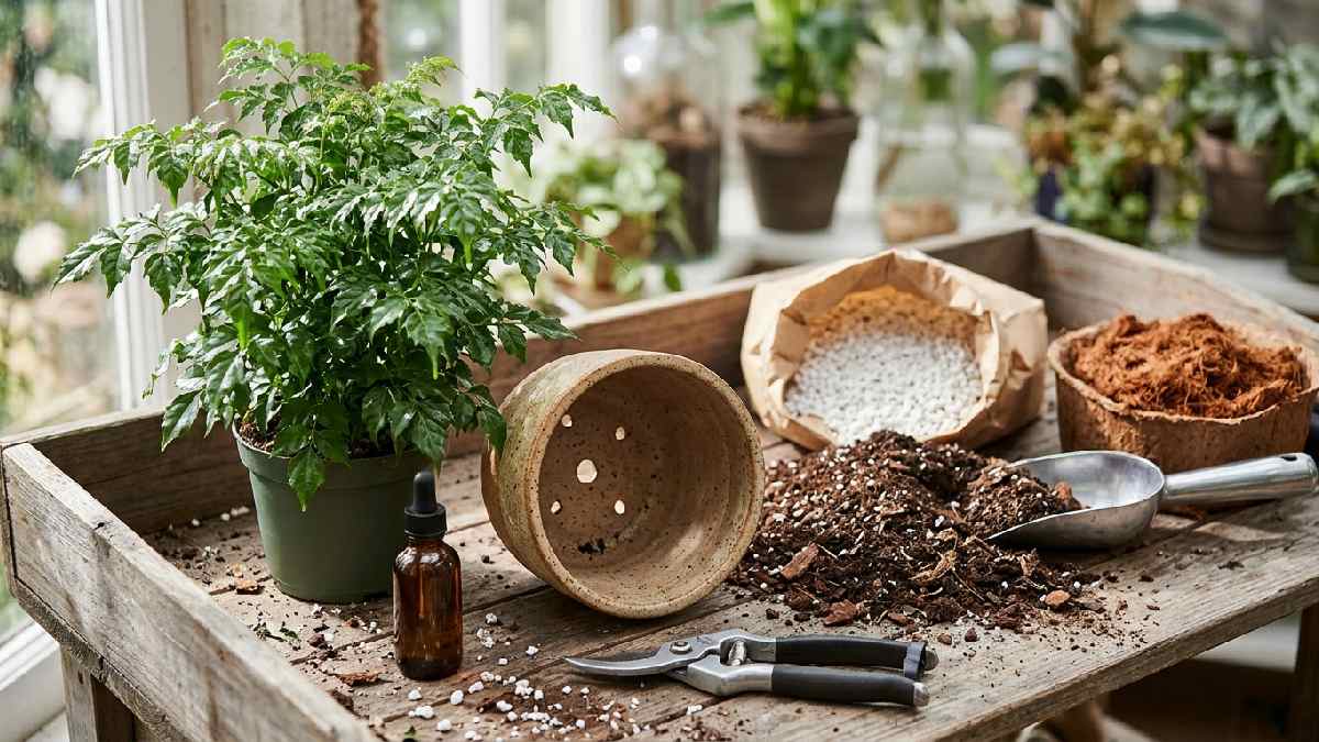 China Doll plant with soil pot and pruning tools