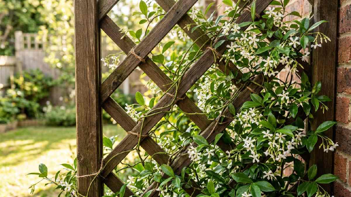 Jasmine vine growing on a garden trellis