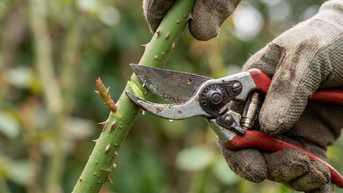 Cutting rose canes above outward buds
